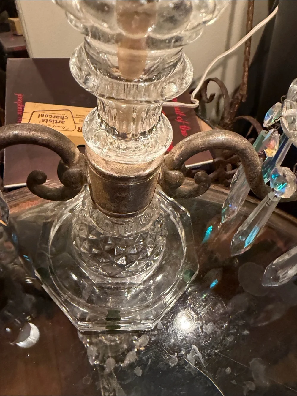 Antique Rare Aurora Borealis Crystal Dual Arm Candelabra Lamp Baccarat Style